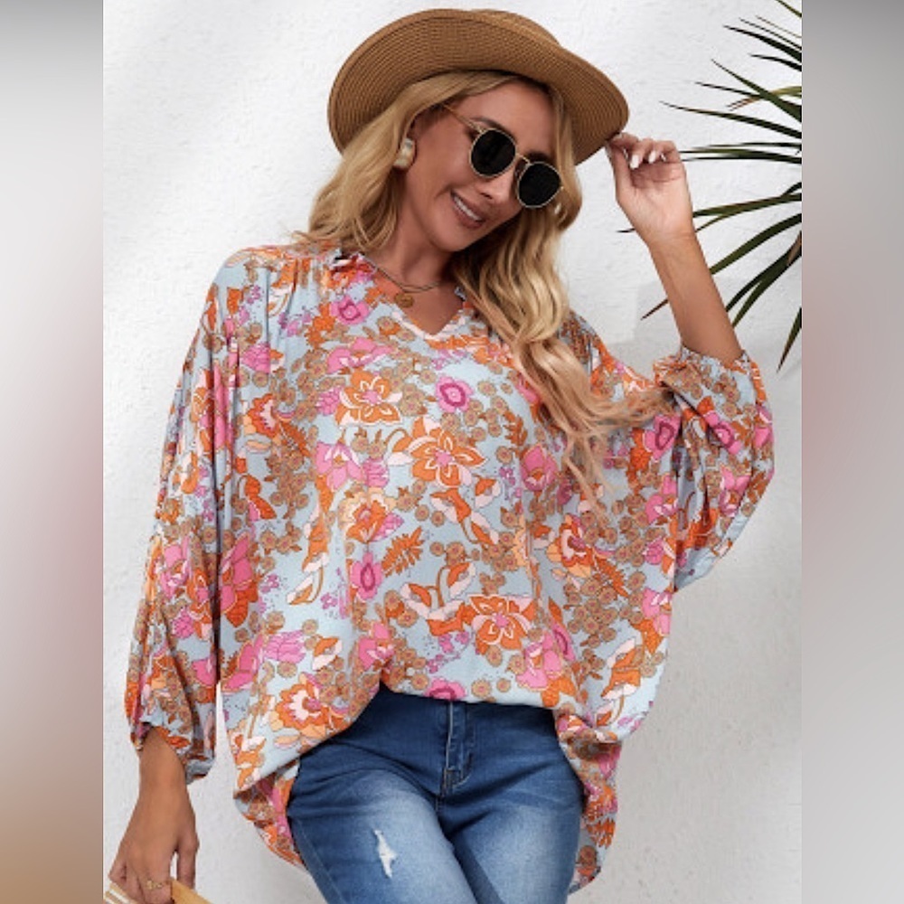 NEW Sky Blue with Orange and Pink Boho Floral Bat Wing Sleeve Loose Fit Blouse